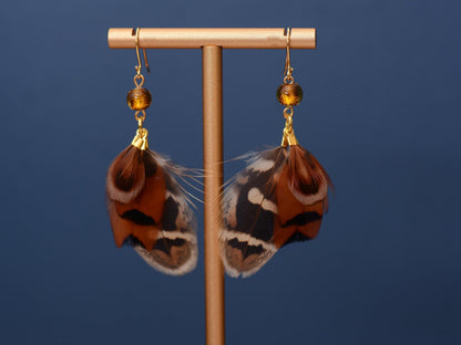 Pheasant Tassel Feather Earrings with Amber Glass Bead | Festival Earrings | Feather Jewellery | Festival Jewellery
