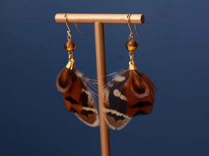 Pheasant Tassel Feather Earrings with Amber Glass Bead | Festival Earrings | Feather Jewellery | Festival Jewellery