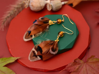 Pheasant Tassel Feather Earrings with Amber Glass Bead | Festival Earrings | Feather Jewellery | Festival Jewellery