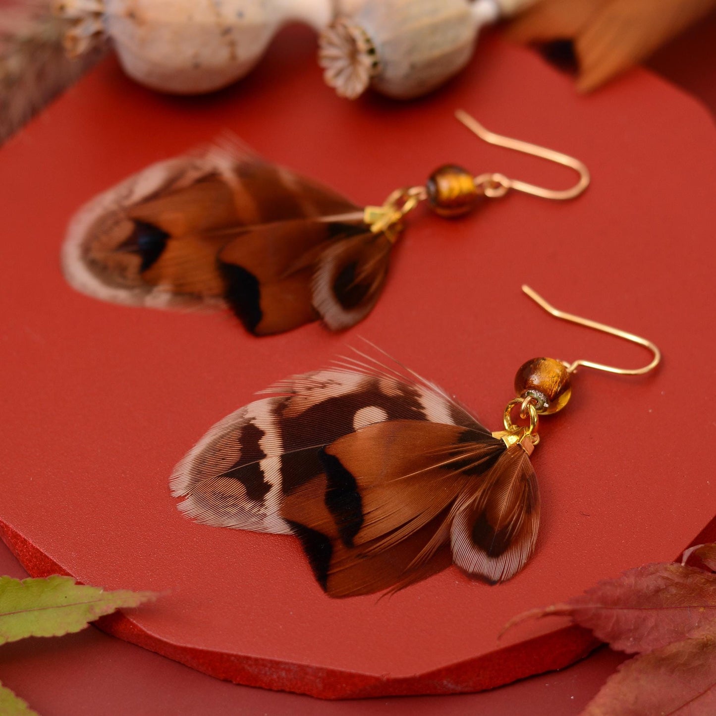 Pheasant Tassel Feather Earrings with Amber Glass Bead | Festival Earrings | Feather Jewellery | Festival Jewellery