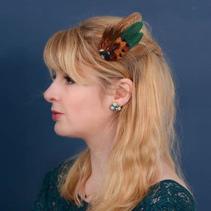 Bottle Green and Copper Pheasant Feather Hair Clip No.26