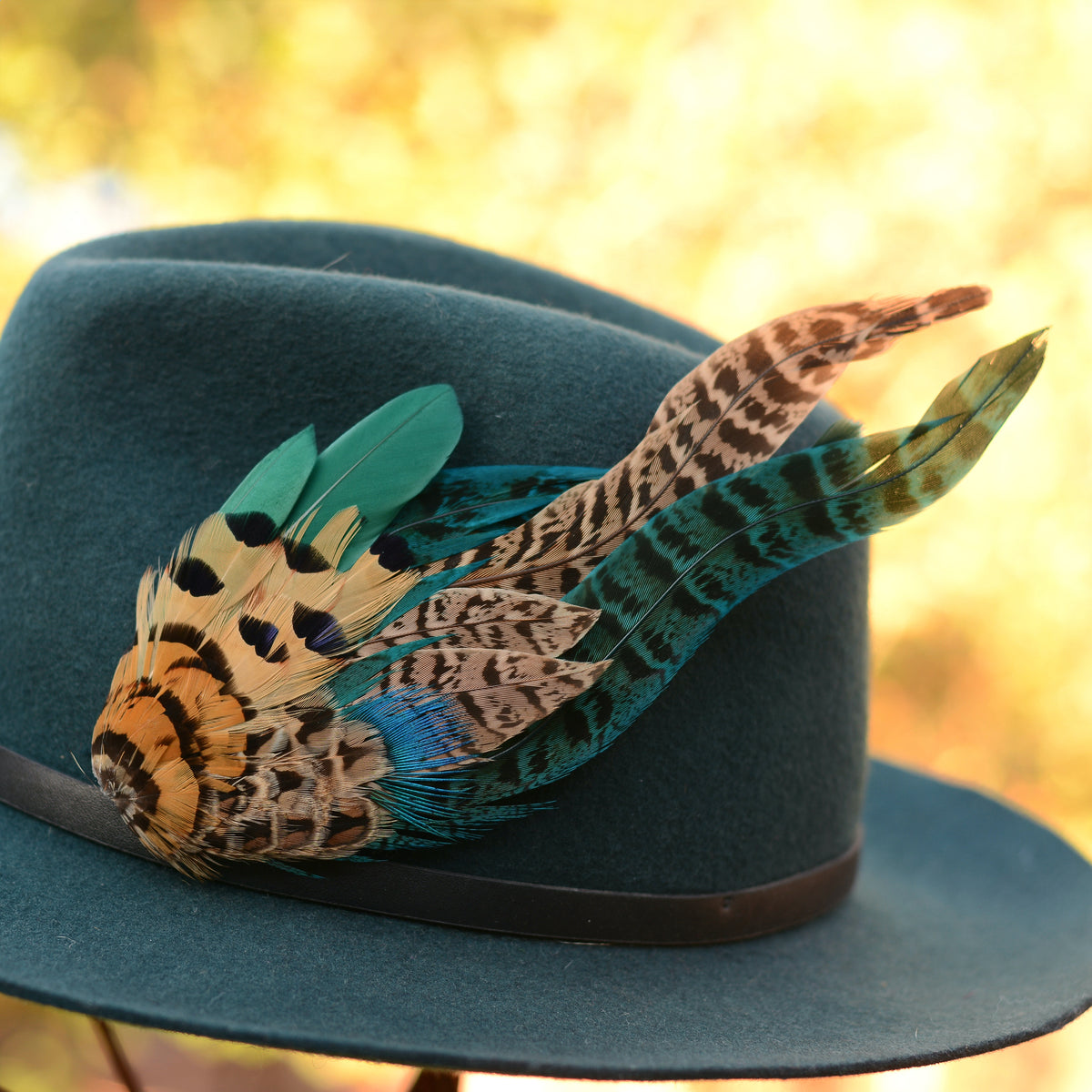 A dark teal felt cowboy hat with a black band and a large decorative hat pin in the style of a feather plume in teal, tan, black, and brown, photographed against a warm golden bokeh background.