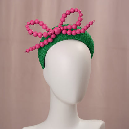 Pink and Green Giant Bead Bow Bandeau Headband Fascinator