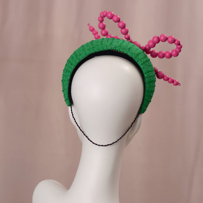 Pink and Green Giant Bead Bow Bandeau Headband Fascinator