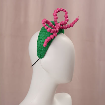 Pink and Green Giant Bead Bow Bandeau Headband Fascinator