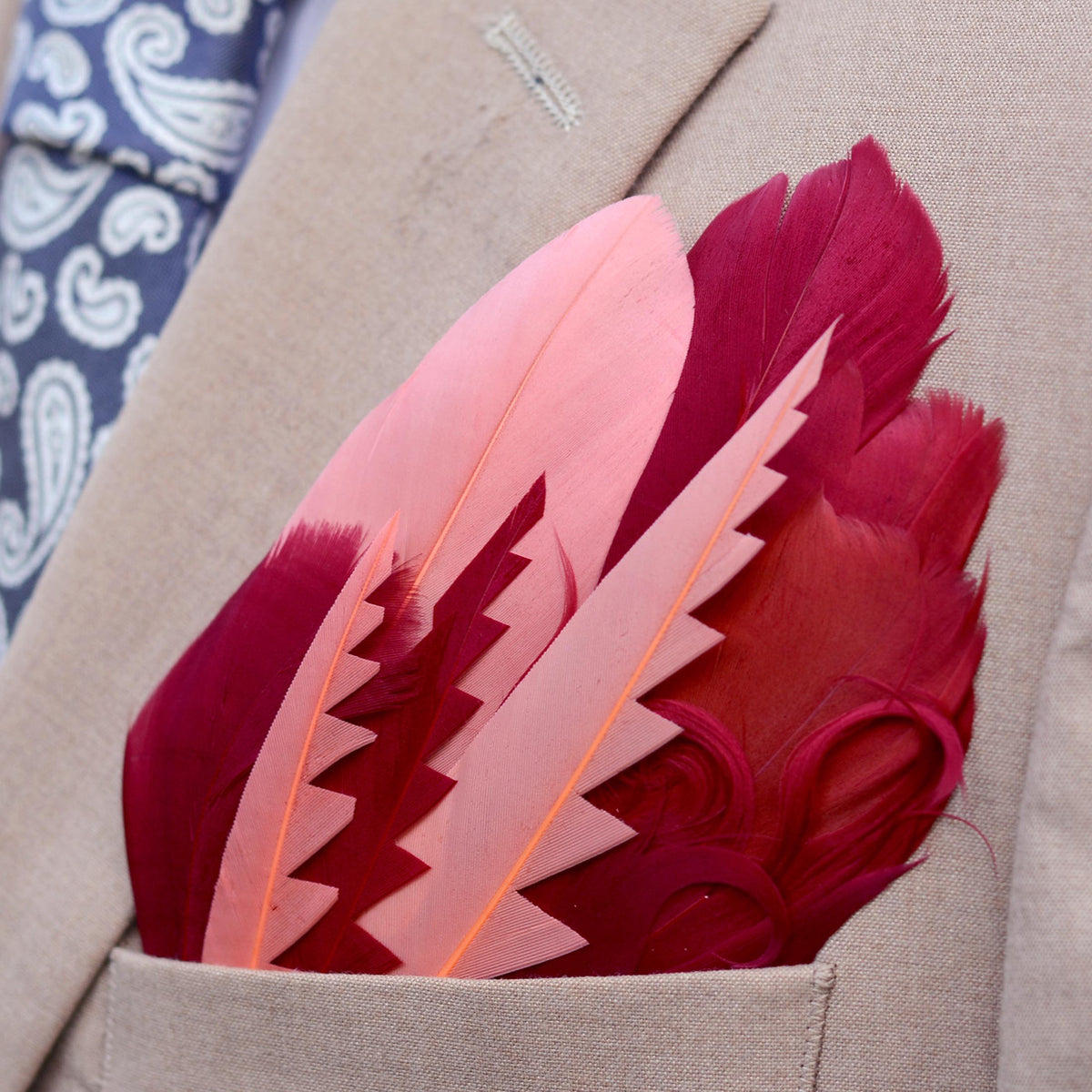 A close-up of a light beige linen jacket pocket holding a decorative pocket square featuring a fan of goose feathers in shades of pink and deep magenta-red cut into graphic shapes to produce contrast and curled for texture.