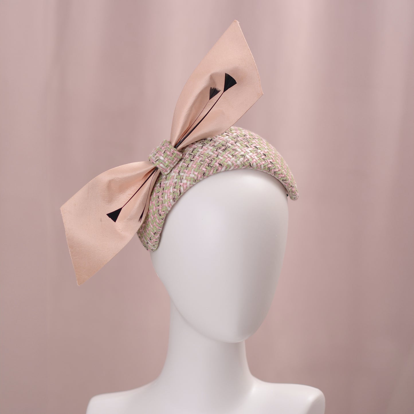 Tweed Pink and Mint Green Giant Bow Bandeau Fascinator
