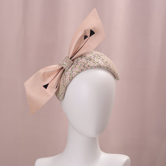 Tweed Pink and Mint Green Giant Bow Bandeau Fascinator