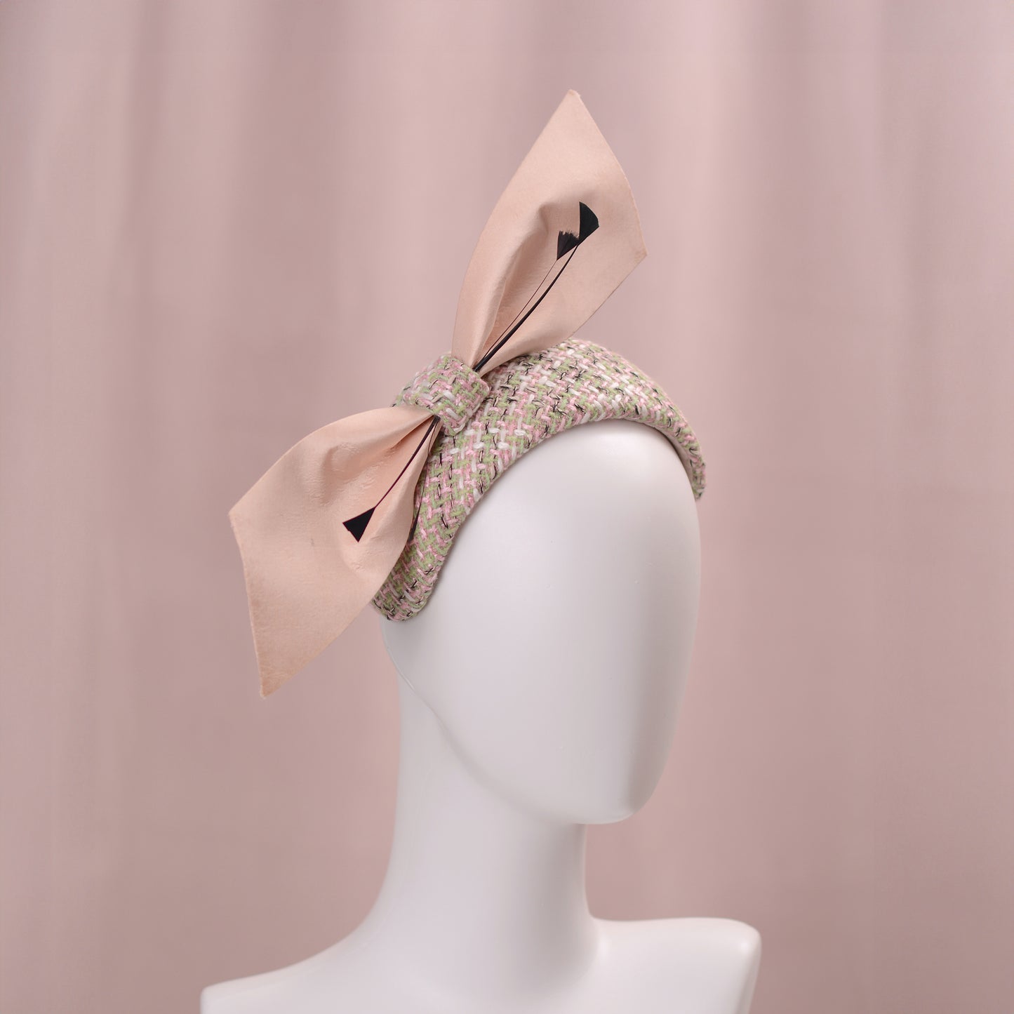 Tweed Pink and Mint Green Giant Bow Bandeau Fascinator