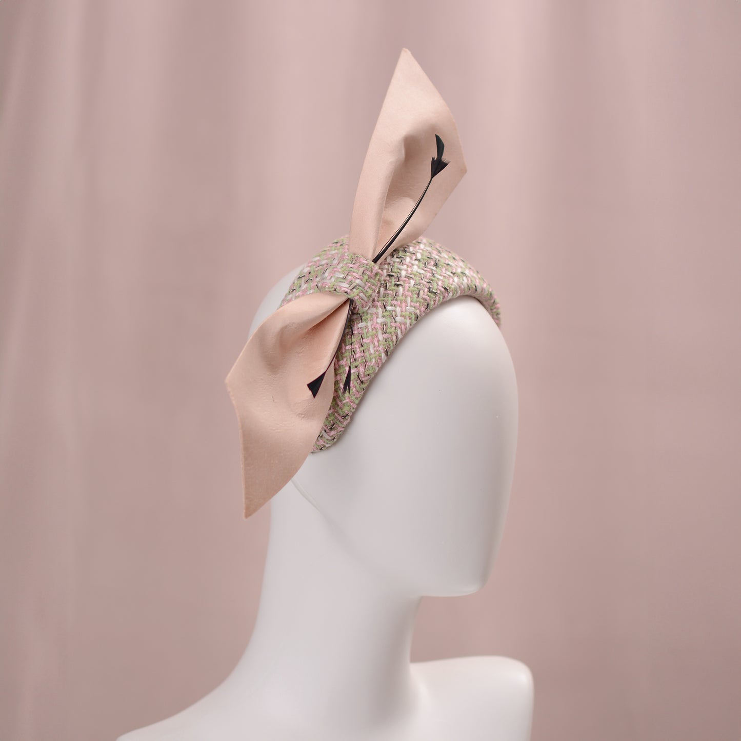 Tweed Pink and Mint Green Giant Bow Bandeau Fascinator