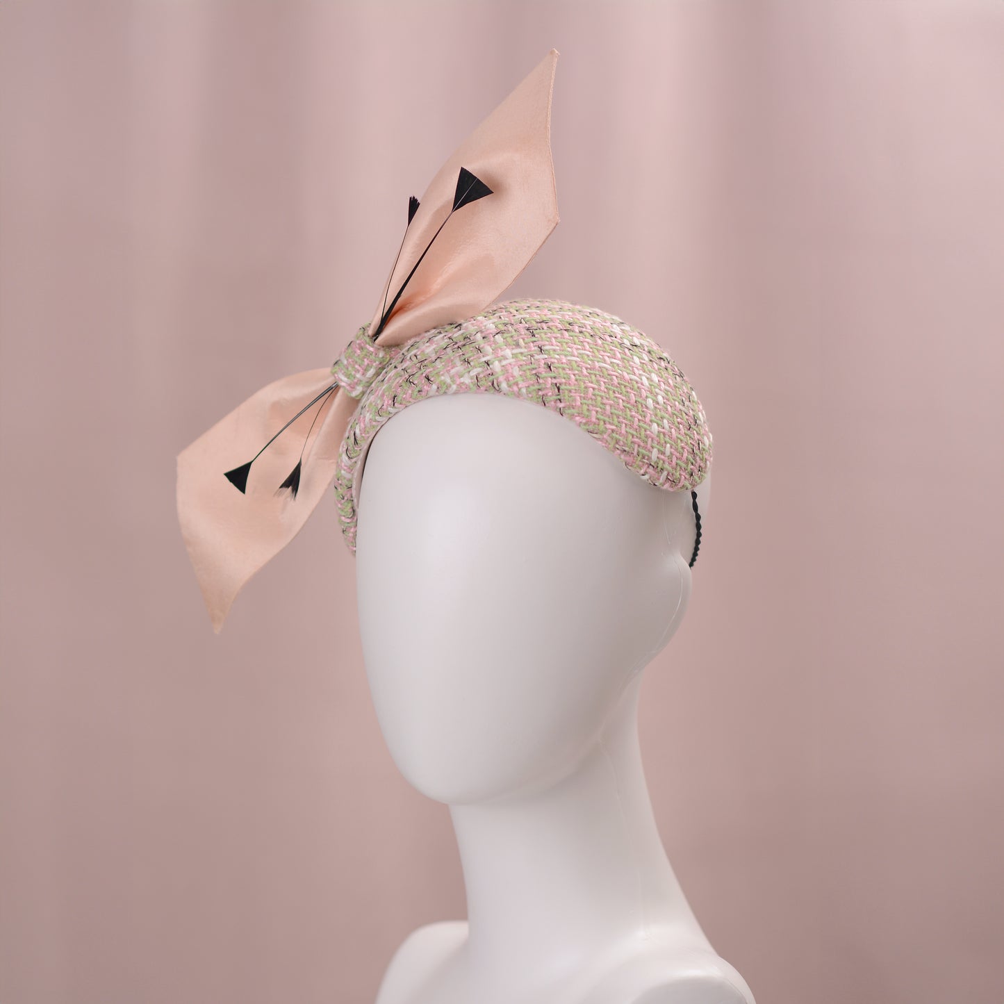 Tweed Pink and Mint Green Giant Bow Bandeau Fascinator