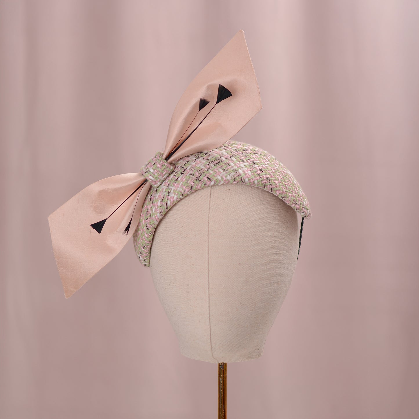 Tweed Pink and Mint Green Giant Bow Bandeau Fascinator