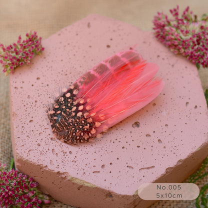 coral pink feather hair clip and pink flowers on a textured surface