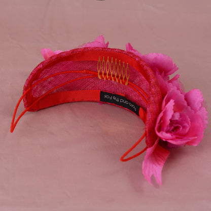 Sinnamay bandeau heaband fascinator in pink and red showing coutoure internal detailing of handstiched interior and custom made wire frame and hair comb for all day comfortable fit.