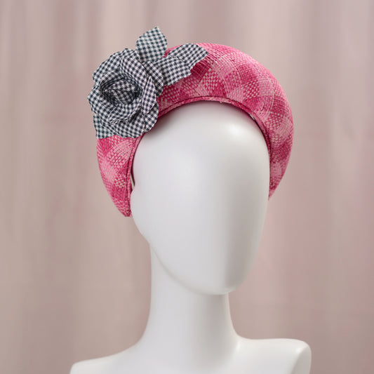 Pink Straw Headband Fascinator in Gingham Check