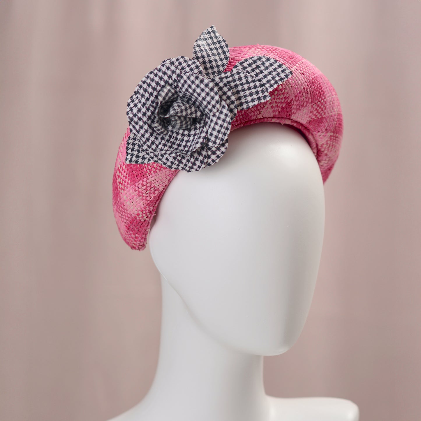 Pink Straw Headband Fascinator in Gingham Check