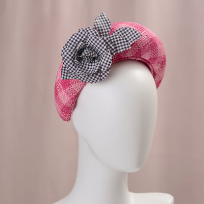 Pink Straw Headband Fascinator in Gingham Check