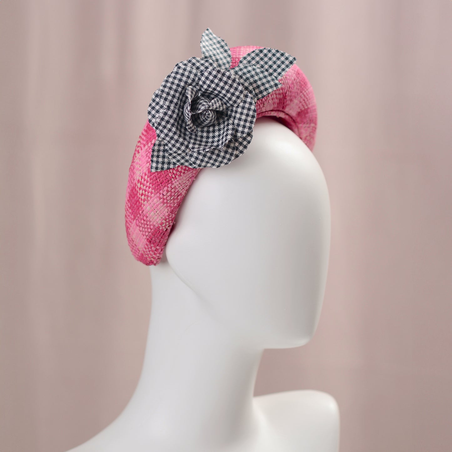 Pink Straw Headband Fascinator in Gingham Check