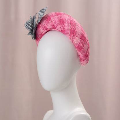 Pink Straw Headband Fascinator in Gingham Check