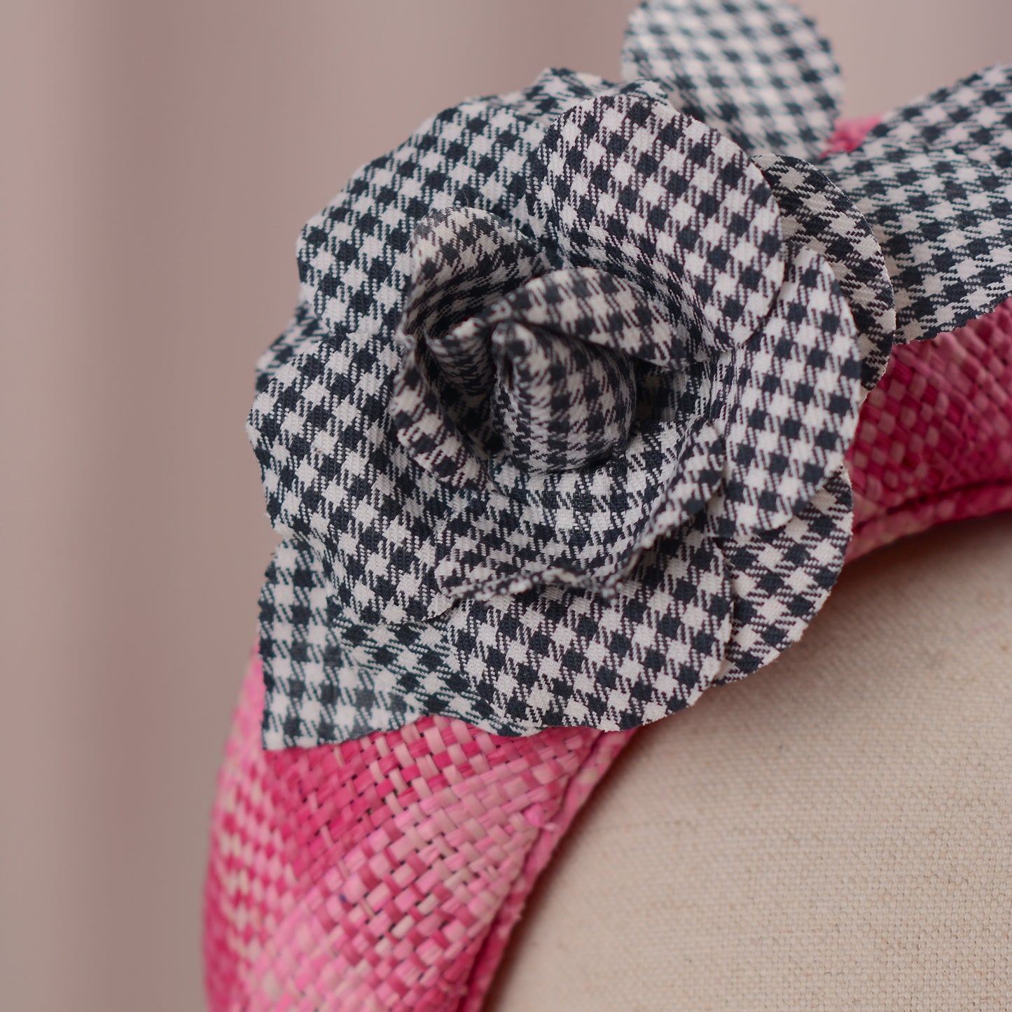 Pink Straw Headband Fascinator in Gingham Check