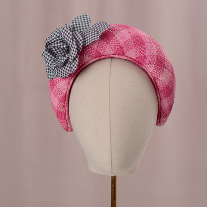 Pink Straw Headband Fascinator in Gingham Check