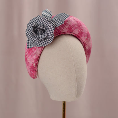 Pink Straw Headband Fascinator in Gingham Check