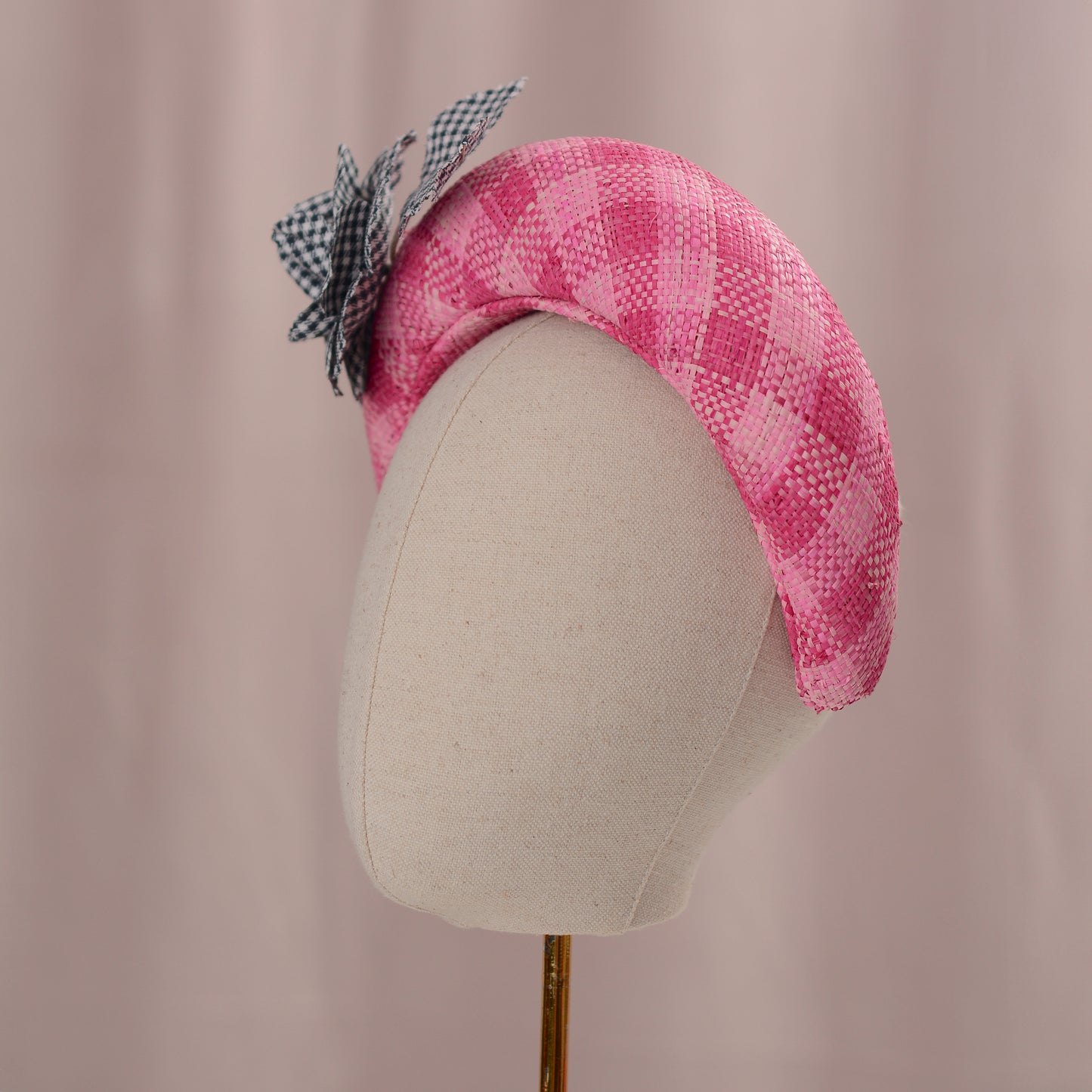 Pink Straw Headband Fascinator in Gingham Check