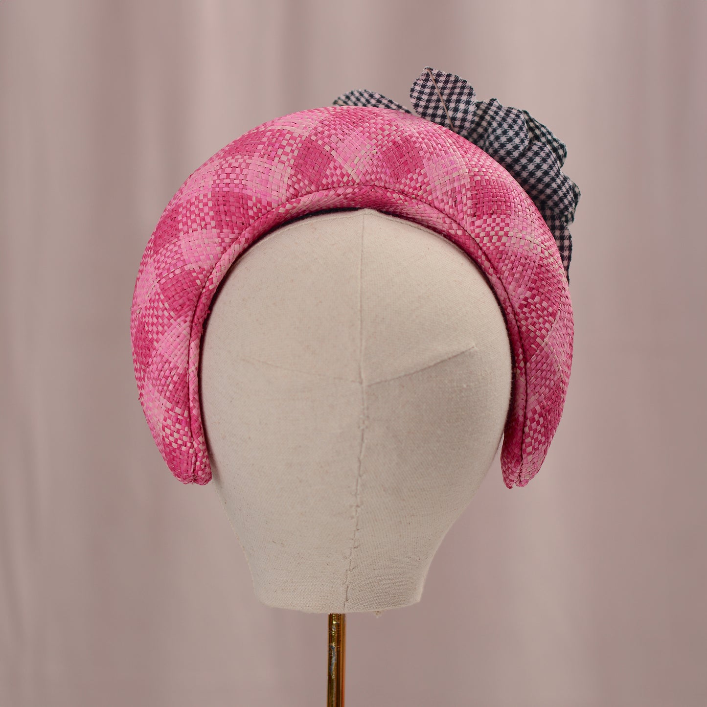Pink Straw Headband Fascinator in Gingham Check