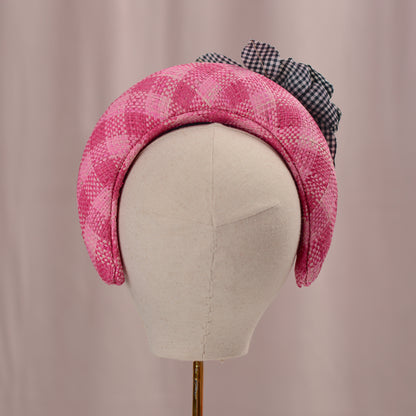 Pink Straw Headband Fascinator in Gingham Check