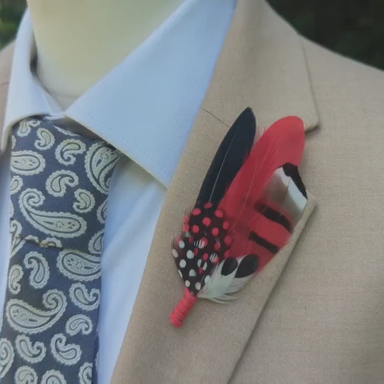 Red, Black and White Feather Corsage / Hat Pin | Duck Feather Boutonniere Brooch