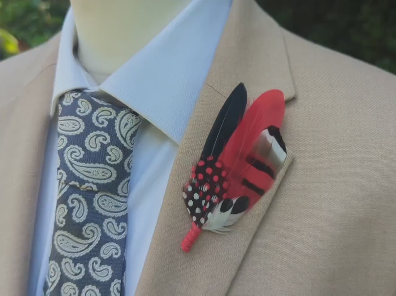 Red, Black and White Feather Corsage / Hat Pin | Duck Feather Boutonniere Brooch