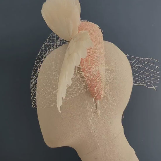 Blush Pink and Ivory Bird Wings Bandeau Headband Fascinator with Ivory Birdcage Veil