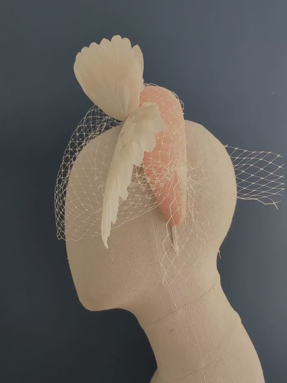 Blush Pink and Ivory Bird Wings Bandeau Headband Fascinator with Ivory Birdcage Veil