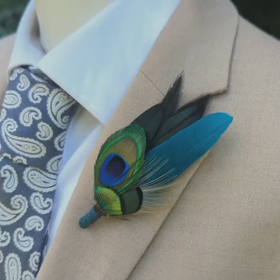 Teal and Peacock Feather Lapel Pin / Hat Pin |  Peacock Feather Boutonniere | Peacock Feather Brooch