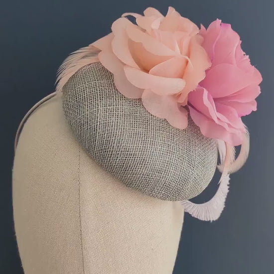 Grey and Pink Button Fascinator with Flowers and Feathers