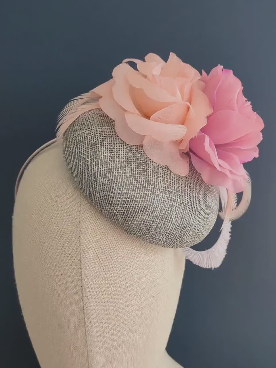 Grey and Pink Button Fascinator with Flowers and Feathers