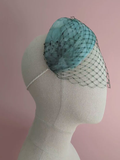 Luxury Sage Green Goose Feather Bandeau Headband Fascinator with Vintage Veiling |  Feather Hat | Wedding Fascinator