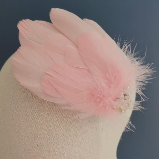 Vintage Pink Feather Headpiece with Pearl and Rhinestone Embellishment | Pink Feather Hair Clip | Pink Feather Fascinator | Bridal Headpiece