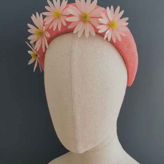 Coral Pink and Sequin Daisy Bandeau Headband Fascinator |  Feather Hat | Wedding Fascinator