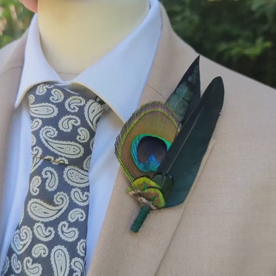 Peacock Feather Hat Pin in Green and Black | Peacock Feather Boutonniere | Peacock Feather Brooch