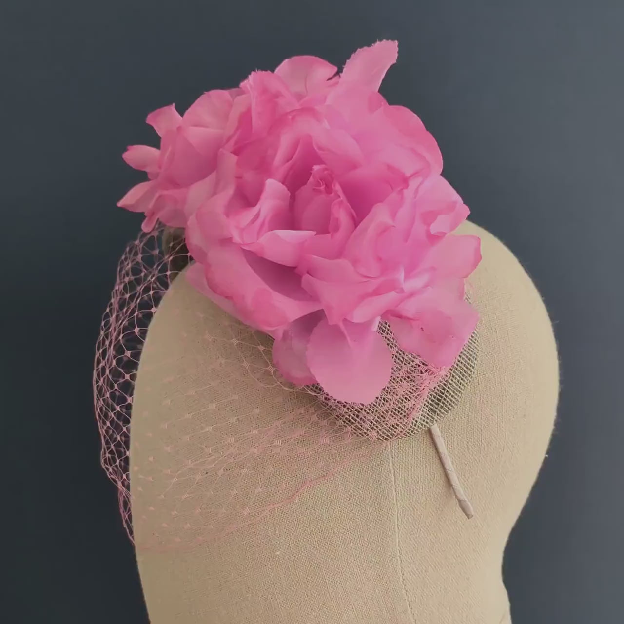 Grey and Pink Bandeau Headband Fascinator with Flowers and Net Veil