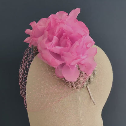 Grey and Pink Bandeau Headband Fascinator with Flowers and Net Veil