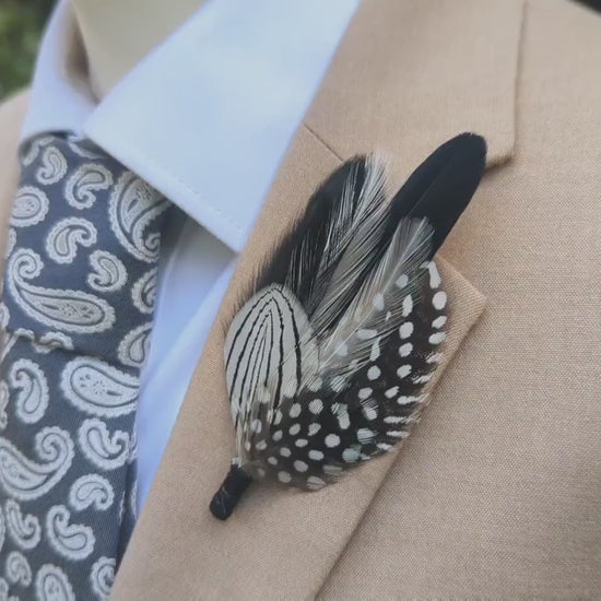 Monochrome Feather Boutonniere | Pheasant Feather Brooch | Feather Hat Pin