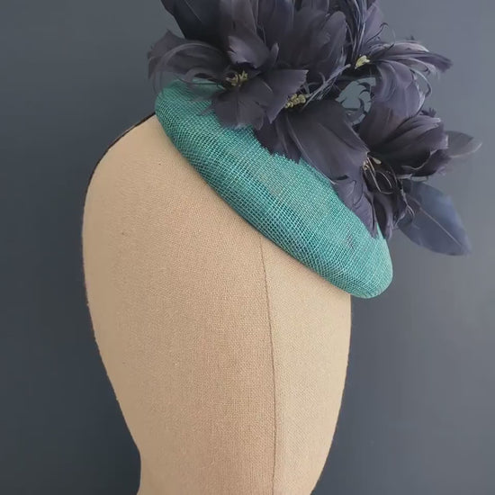 Navy Blue and Teal Feather Flower Button Hat Fascinator