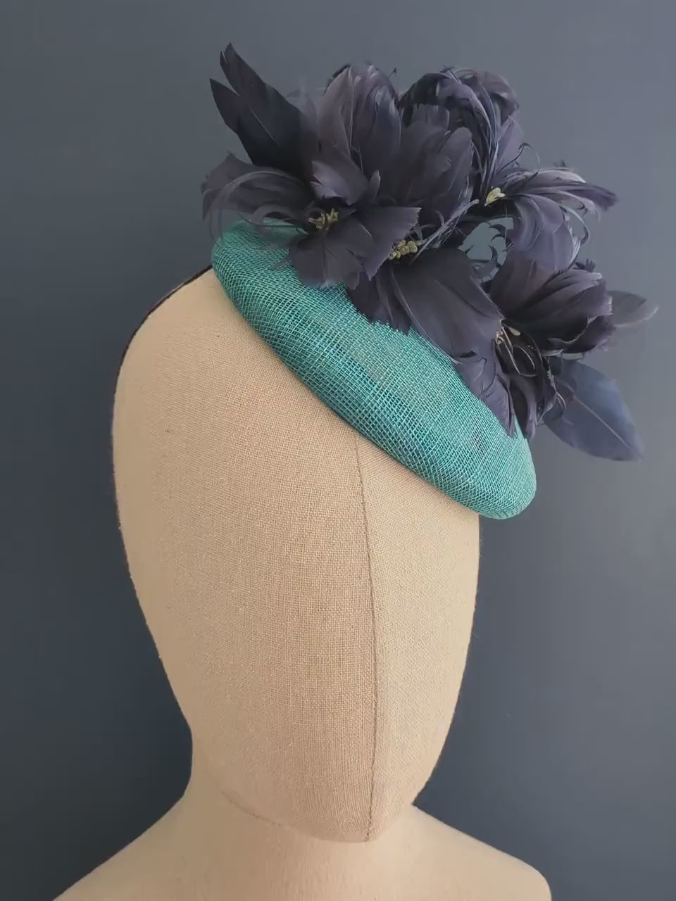 Navy Blue and Teal Feather Flower Button Hat Fascinator