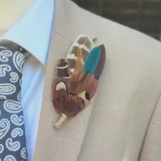 Pheasant Feather Boutonniere Brooch in Teal Green and Browns | Feather Brooch | Feather Hat Pin