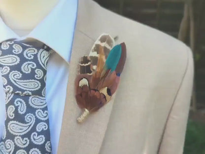Pheasant Feather Boutonniere Brooch in Teal Green and Browns | Feather Brooch | Feather Hat Pin