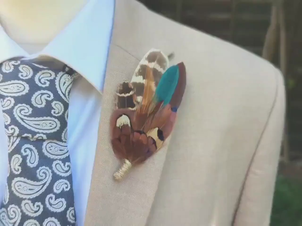 Pheasant Feather Boutonniere Brooch in Teal Green and Browns | Feather Brooch | Feather Hat Pin