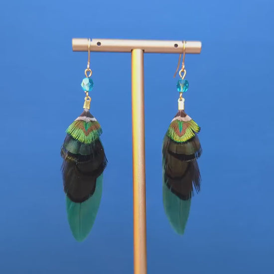 Green and Gold Small Feather Earrings with Emerald Crystal Bead | Festival Earrings | Feather Jewellery | Drop Earrings