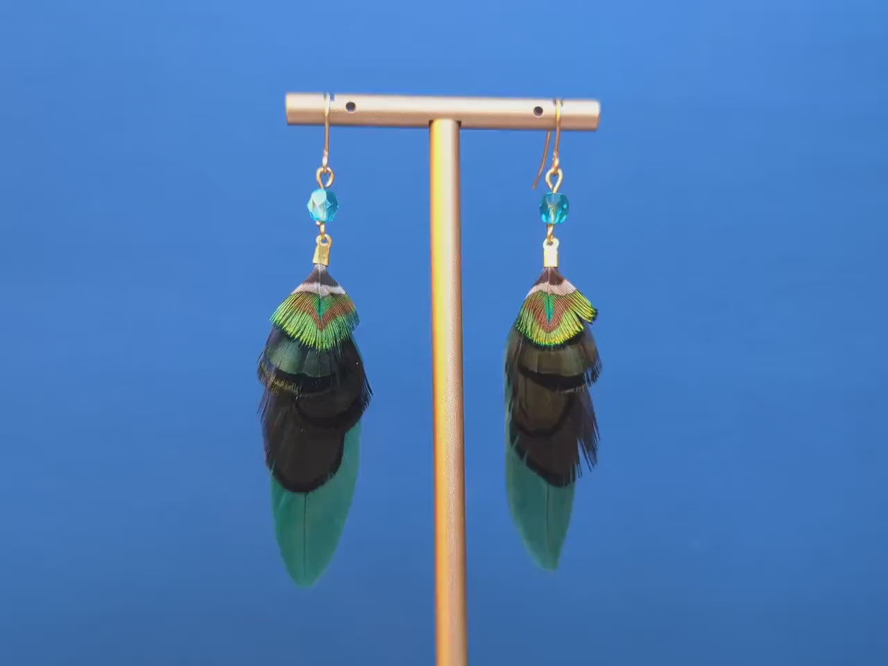 Green and Gold Small Feather Earrings with Emerald Crystal Bead | Festival Earrings | Feather Jewellery | Drop Earrings